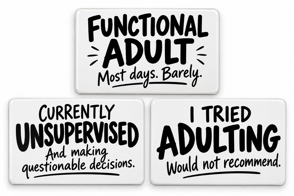 Three rectangular Functional Adult PVC magnets with black lettering on white background
