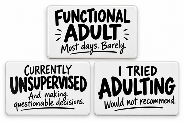 Three rectangular Functional Adult PVC magnets with black lettering on white background