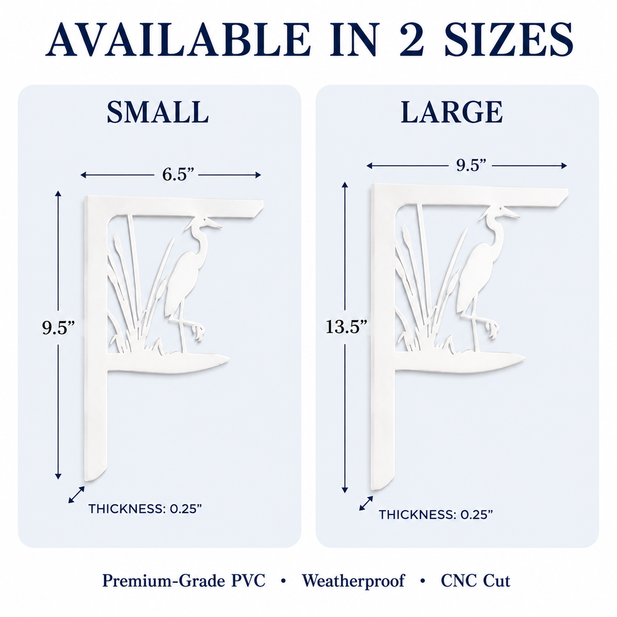 Size comparison graphic for a white PVC letter F garden stake with a heron silhouette cutout, showing small and large dimensions with text reading 'AVAILABLE IN 2 SIZES' and product details at the bottom.