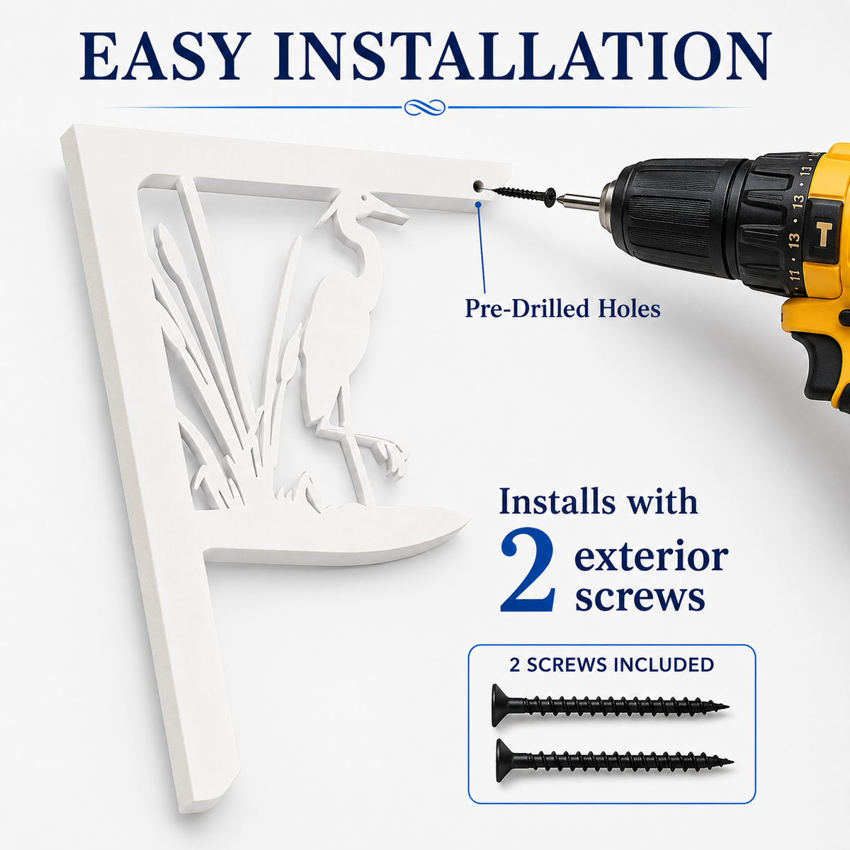 White decorative letter P wall sign with a carved heron design, shown with a drill and text explaining pre-drilled holes and included screws.