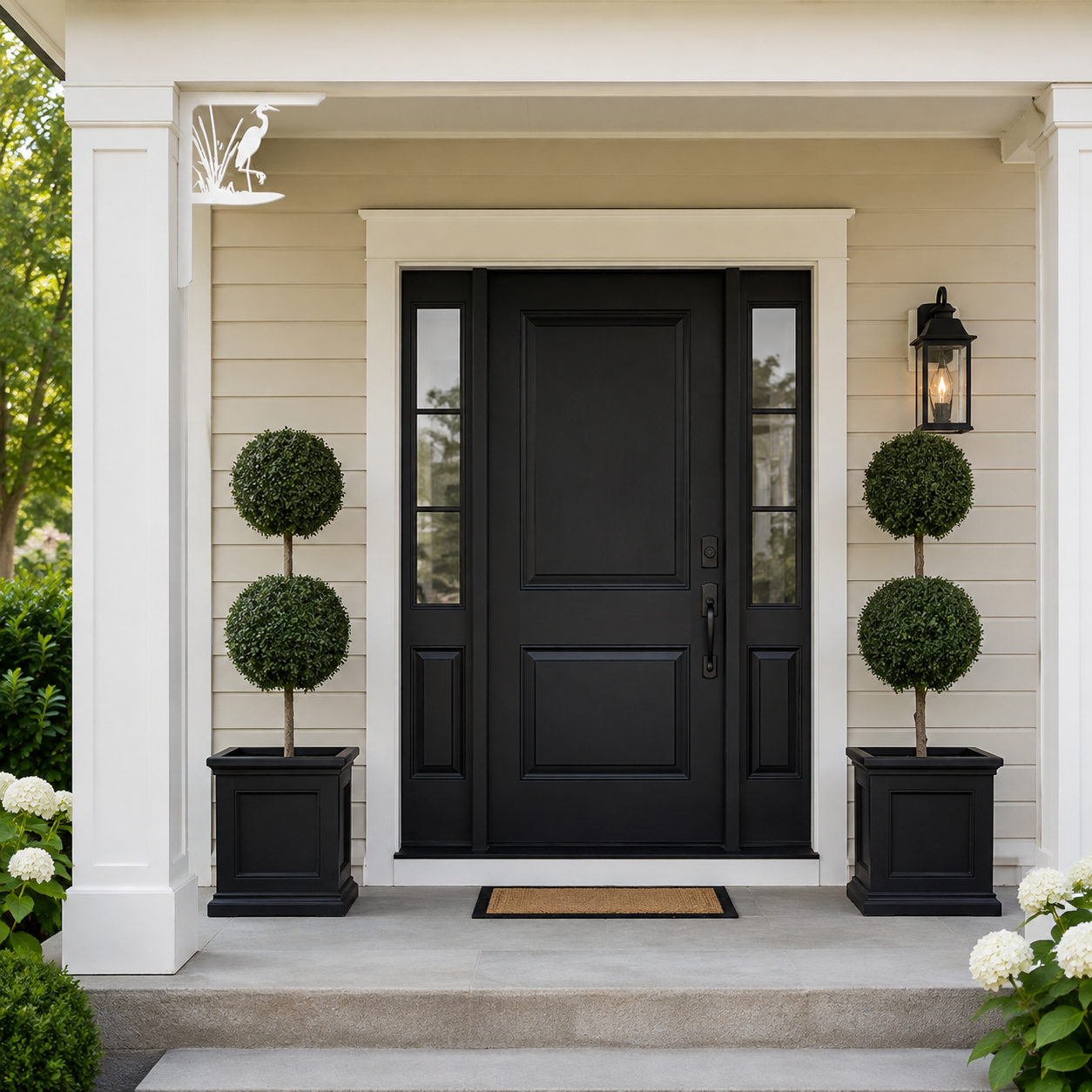 A modern black front door with glass side panels, set on a concrete porch with beige siding, white columns, black planter boxes with topiary trees, and a black wall lantern.