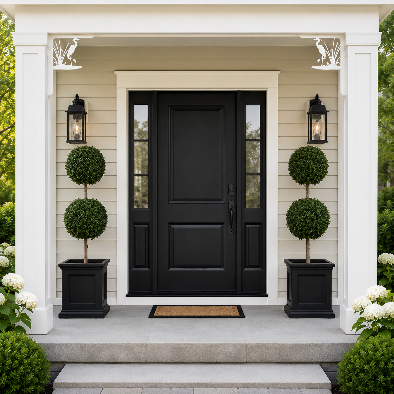 A black front door with sidelight windows, set in a beige house with white columns, black lantern wall lights, and two matching black topiary planters on the steps.