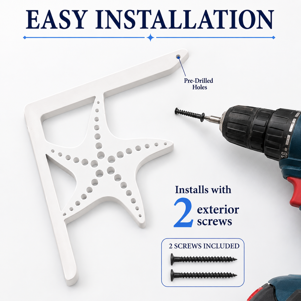 White starfish-shaped wall mount with pre-drilled holes, shown with a drill and text noting easy installation and included 2 exterior screws on a white background.