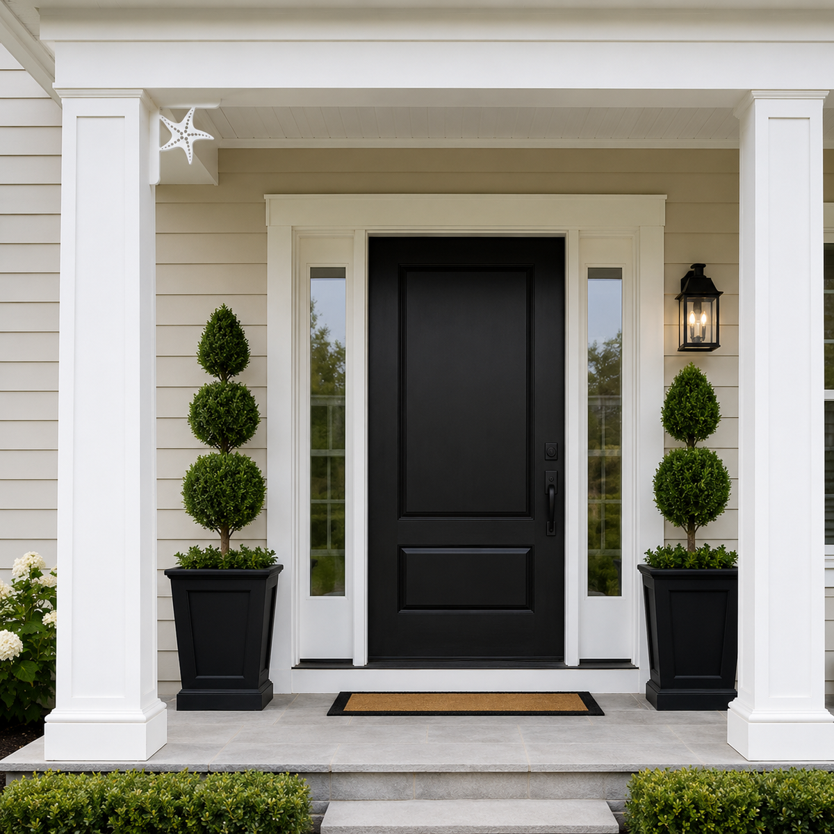 A modern black front door with white trim, flanked by glass sidelight panels, set on a porch with two black planter boxes containing tall topiary trees. The house exterior has beige siding, and a black wall lantern is mounted to the right.