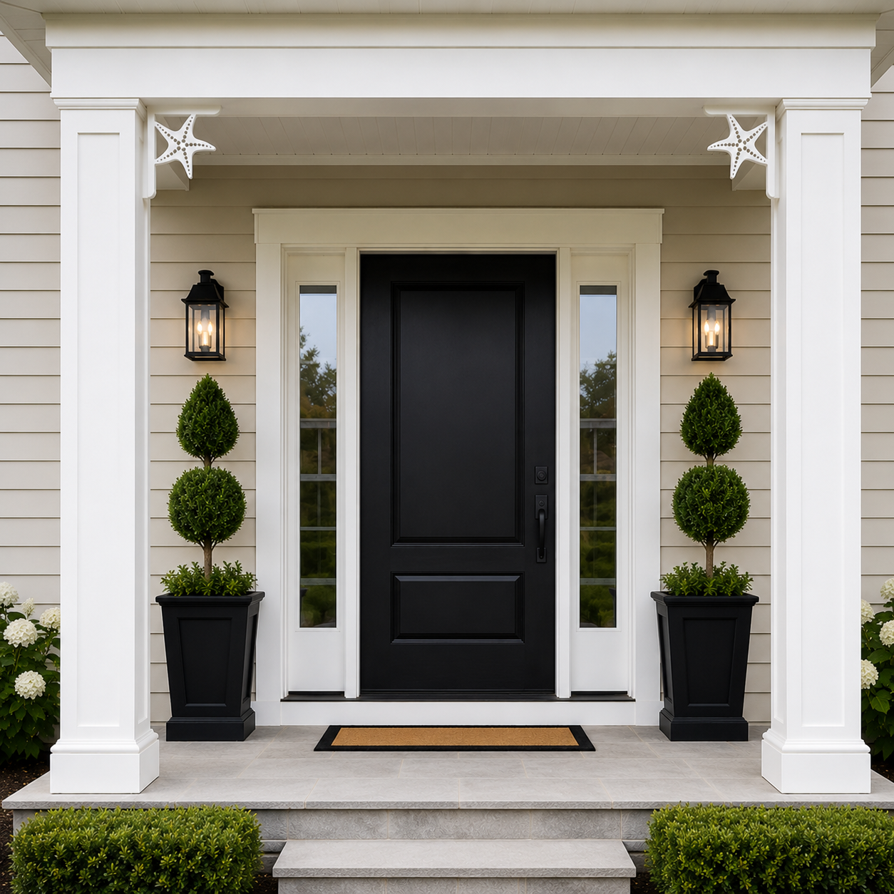 A front porch entryway with a black paneled door centered between white sidelights and white columns. Two black lantern wall sconces, two black planter boxes with rounded topiary trees, a tan doormat, and trimmed green hedges are visible against beige house siding.