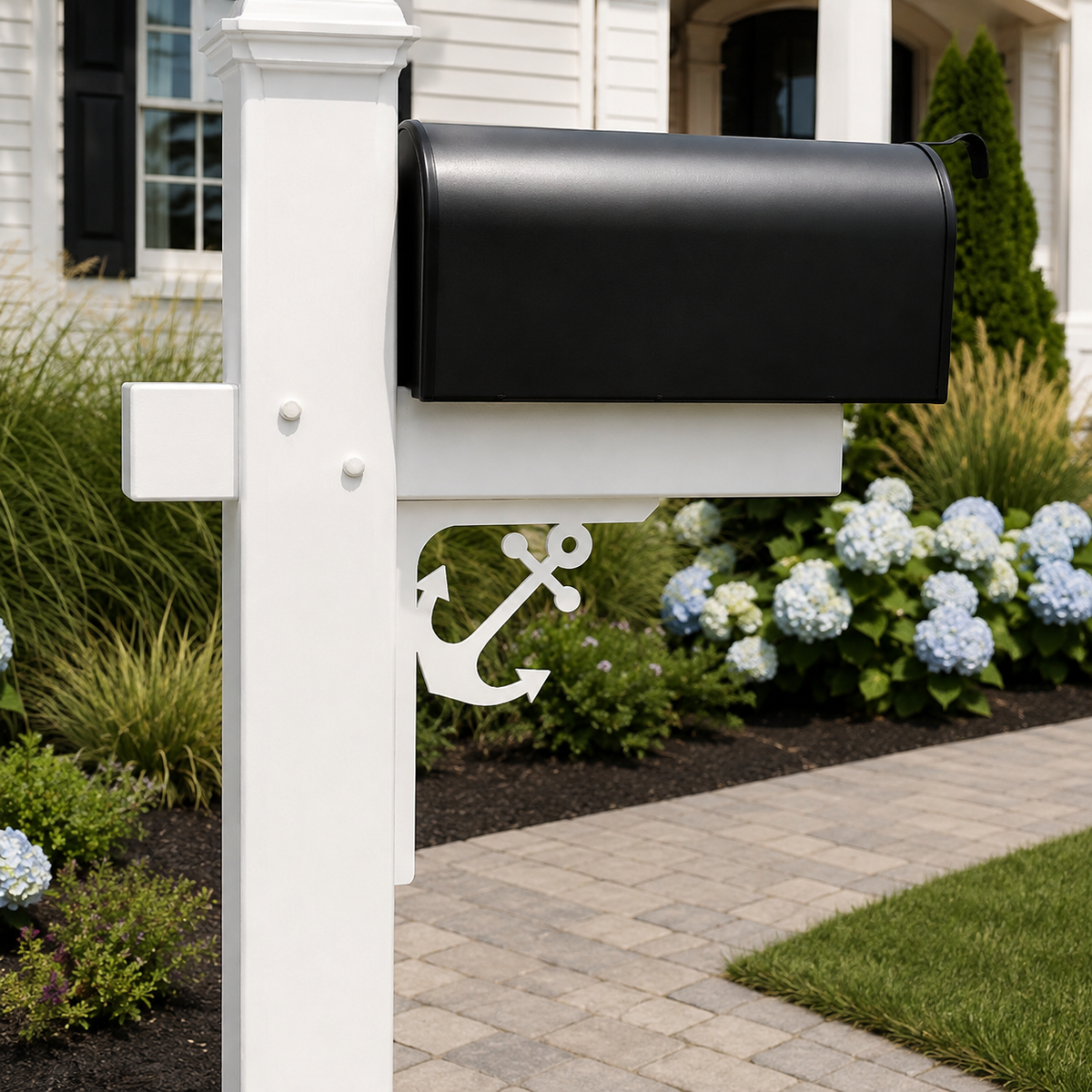 A black mailbox mounted on a white post with an anchor-shaped bracket, set in a landscaped garden next to a paved walkway in front of a house.