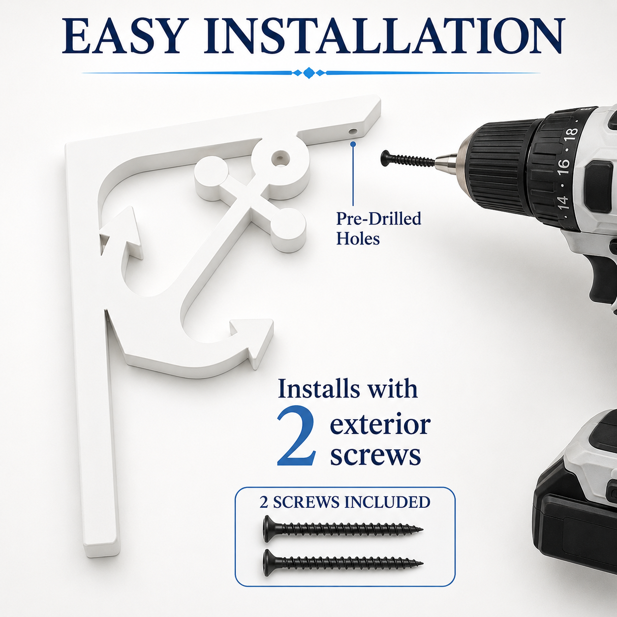 White outdoor wall anchor bracket with text overlays explaining easy installation, pre-drilled holes, and included 2 exterior screws, shown with a cordless drill on a white background.