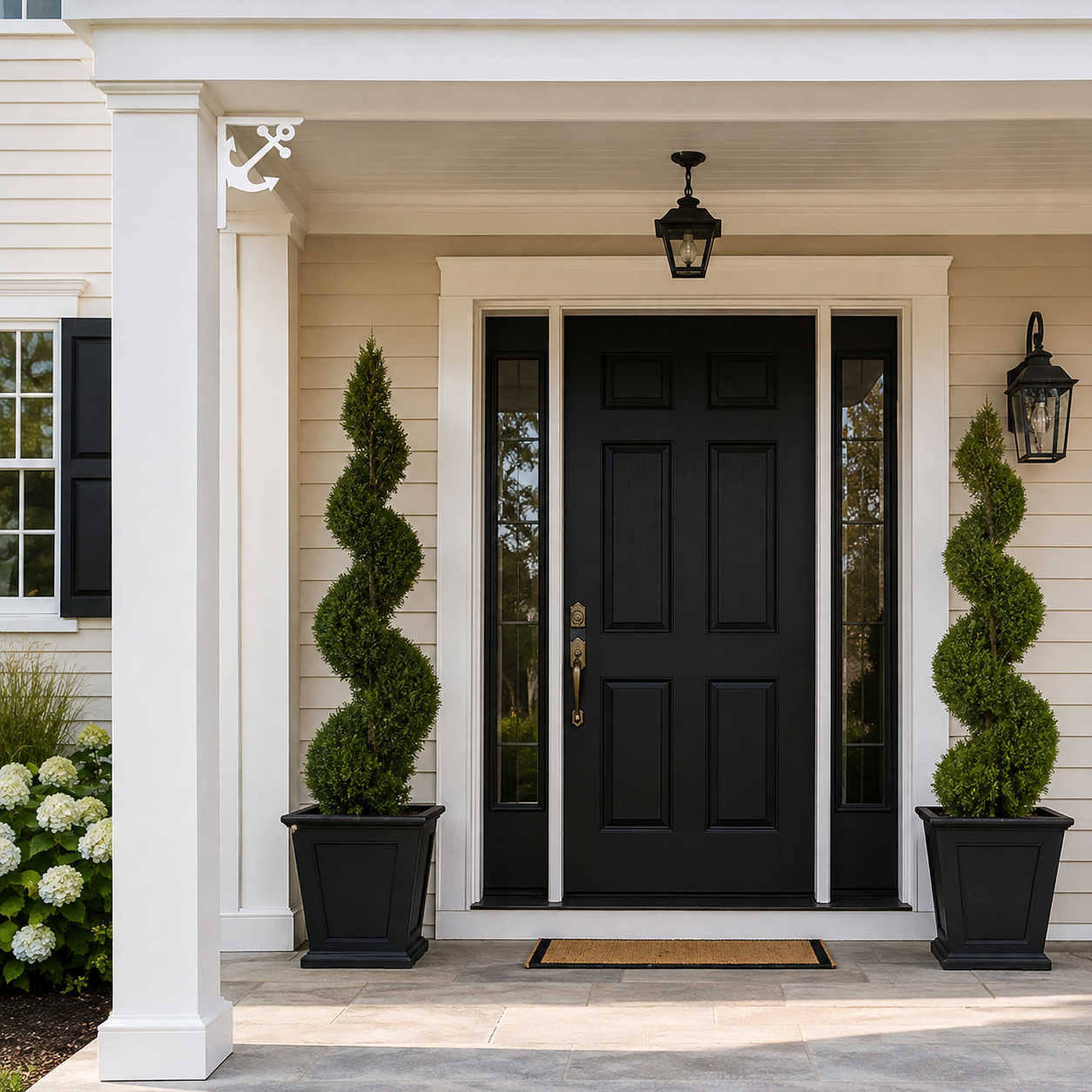 A black front door with white trim on a house porch, flanked by two tall spiral green topiary trees in black planters. The porch has white columns, a black hanging lantern, and a tan doormat.