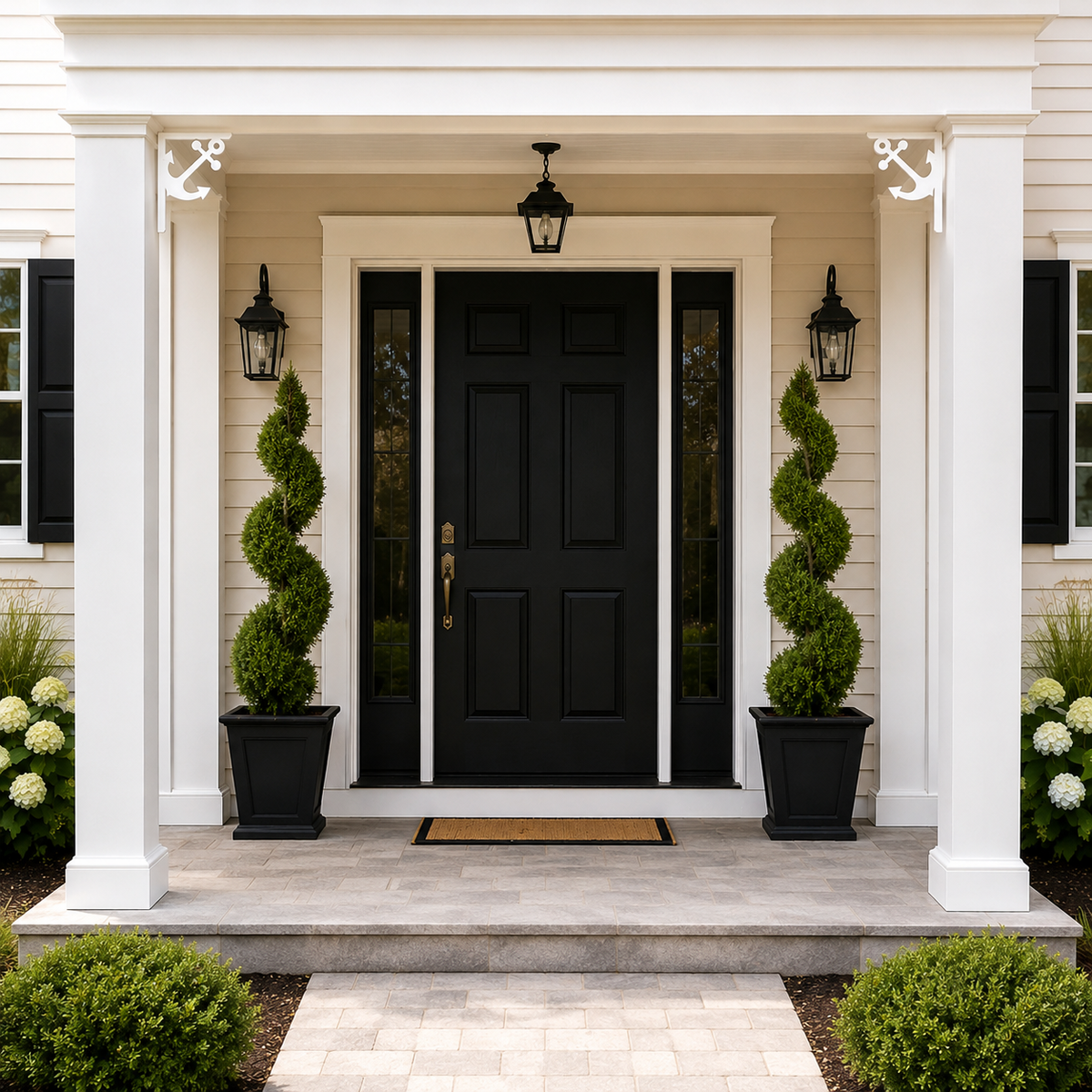 A front porch entryway with a black paneled door, white columns, black lantern wall lights, two tall spiral topiary trees in black planters, and a light stone walkway and steps.