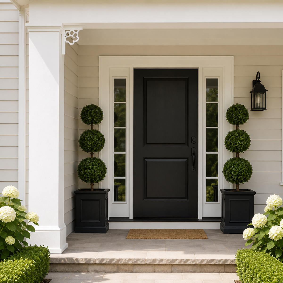 A modern black front door with white trim, flanked by tall glass-paneled sidelight doors and two black planter boxes with spherical green topiary trees, set against a beige house exterior with white hydrangeas in the foreground.