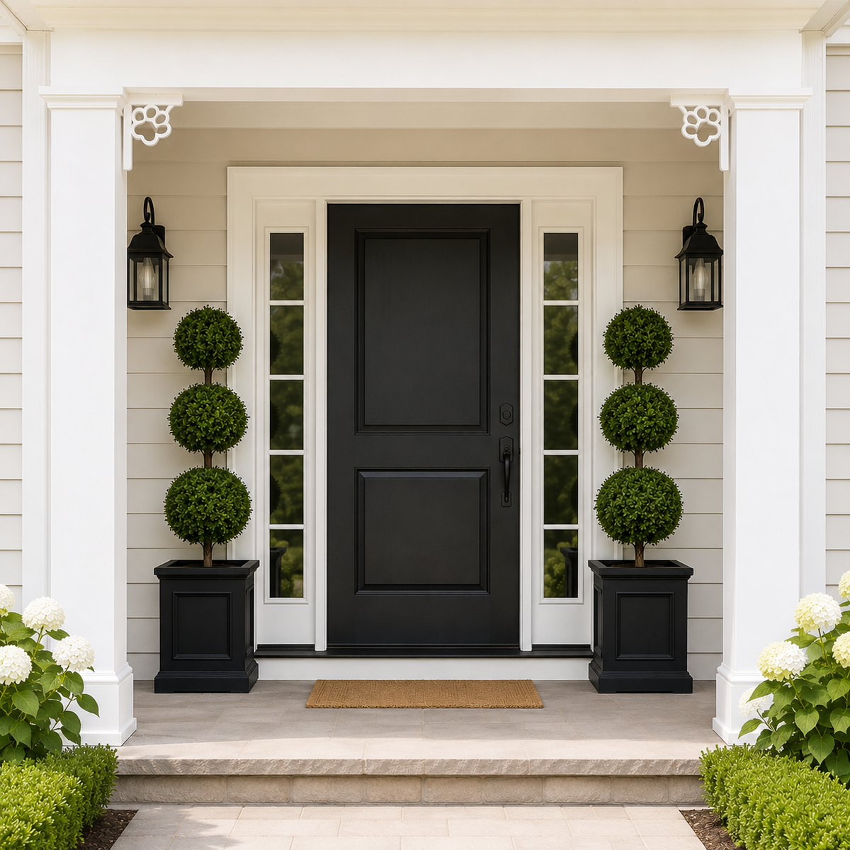 A modern black front door centered in a white-trimmed entryway, flanked by tall black planter boxes with green topiary trees, stone steps, and a tan doormat.