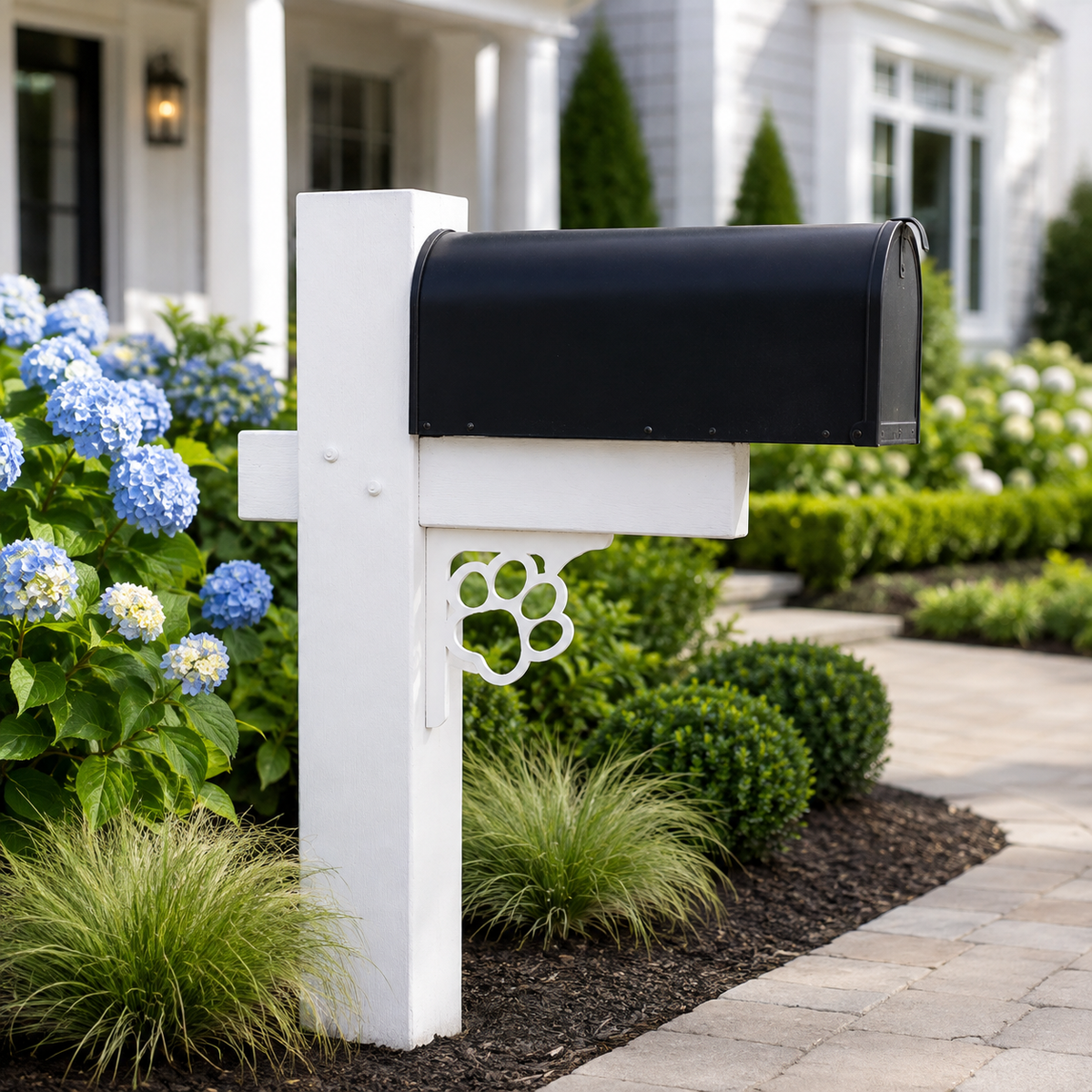A black metal mailbox mounted on a white post with a decorative white bracket, set in a landscaped garden next to a paved walkway in front of a house.