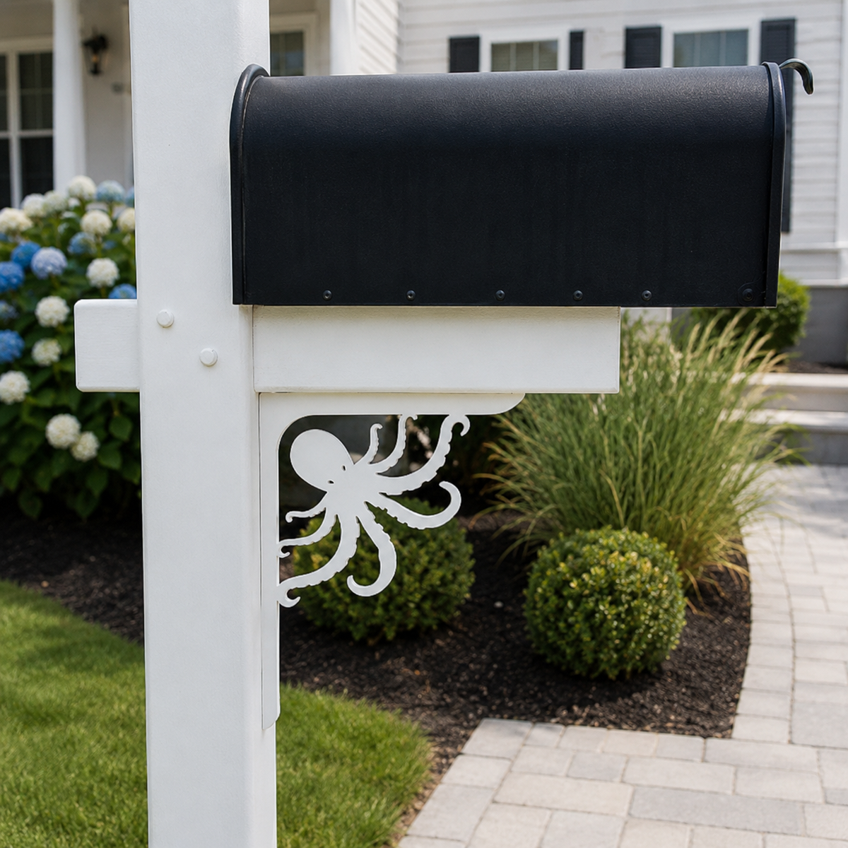 A black mailbox mounted on a white post in a landscaped garden bed with shrubs, ornamental grass, and a paved walkway. The white post includes a decorative white octopus cutout near the bottom.