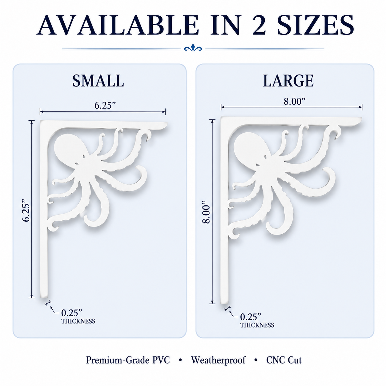 A product information graphic showing two octopus-shaped PVC corner brackets labeled SMALL and LARGE with dimensions, thickness, and text reading 'AVAILABLE IN 2 SIZES' and 'Premium-Grade PVC • Weatherproof • CNC Cut'.