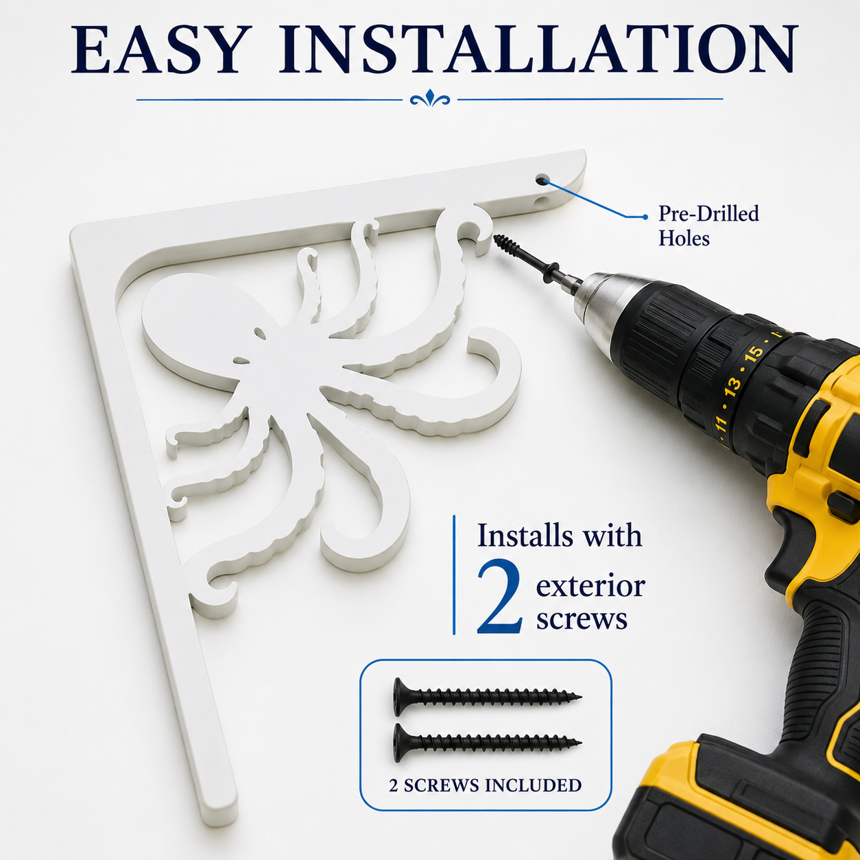 White decorative wall bracket with an octopus cutout design, shown with a drill and text overlays explaining easy installation and included screws.
