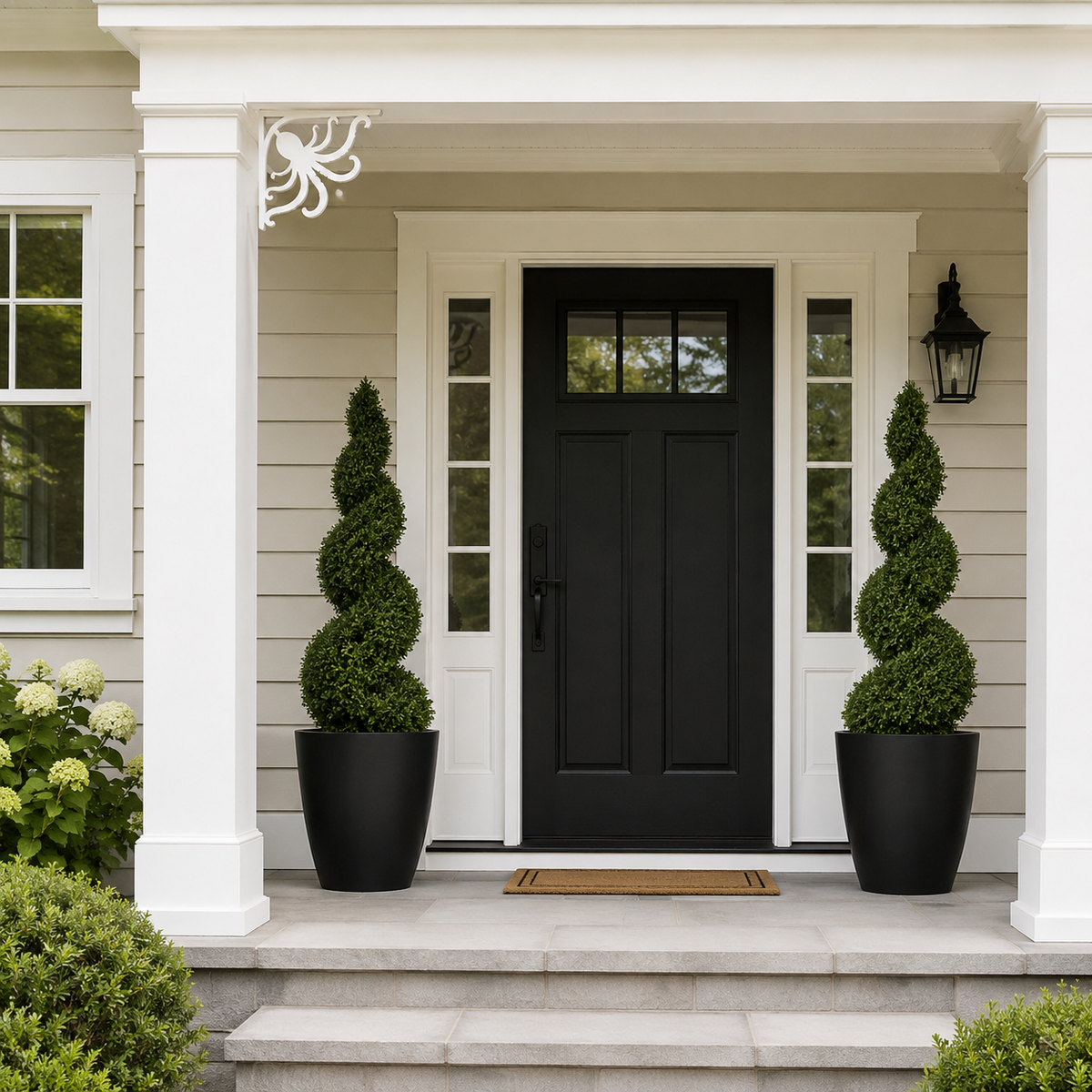 A black front door with glass panes, set in a white porch frame with two large black planters holding tall spiral green shrubs on either side.
