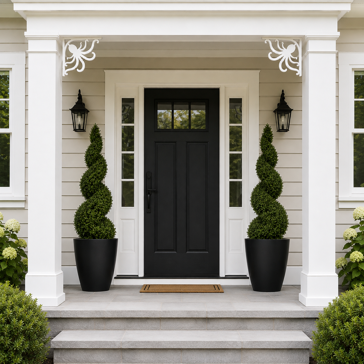 A front porch with a black entry door centered between white columns and sidelight windows. Two large black planters with tall twisted green topiary trees flank the door, with a small doormat at the threshold.