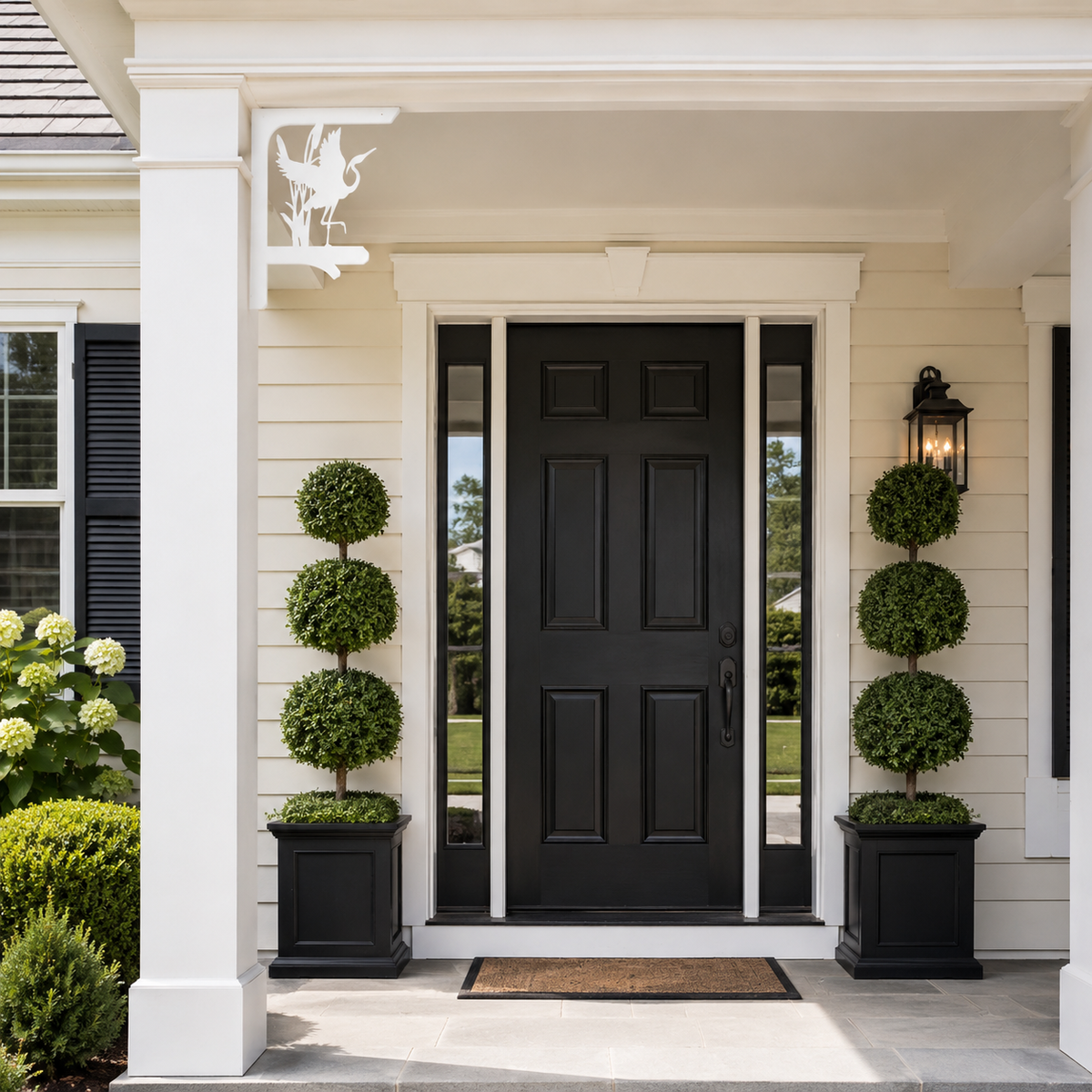A black front door with white trim on a house porch, flanked by two black planters with spherical green topiary trees and a black wall lantern.