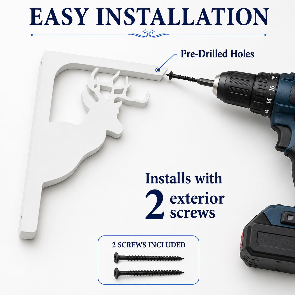 White deer head wall bracket with pre-drilled holes, shown with a cordless drill and text overlays explaining easy installation and included screws.