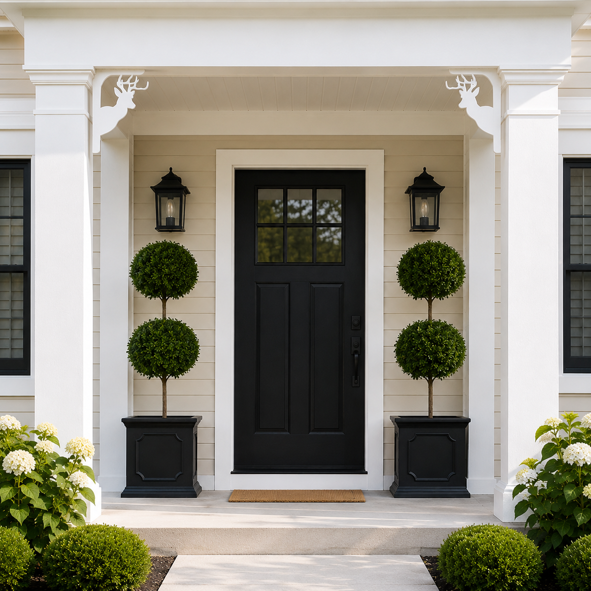 A front porch entryway with a black paneled door, white columns, black lanterns, and two black planters holding rounded green topiary trees. The house siding is light beige, and shrubs and flowers frame the porch.