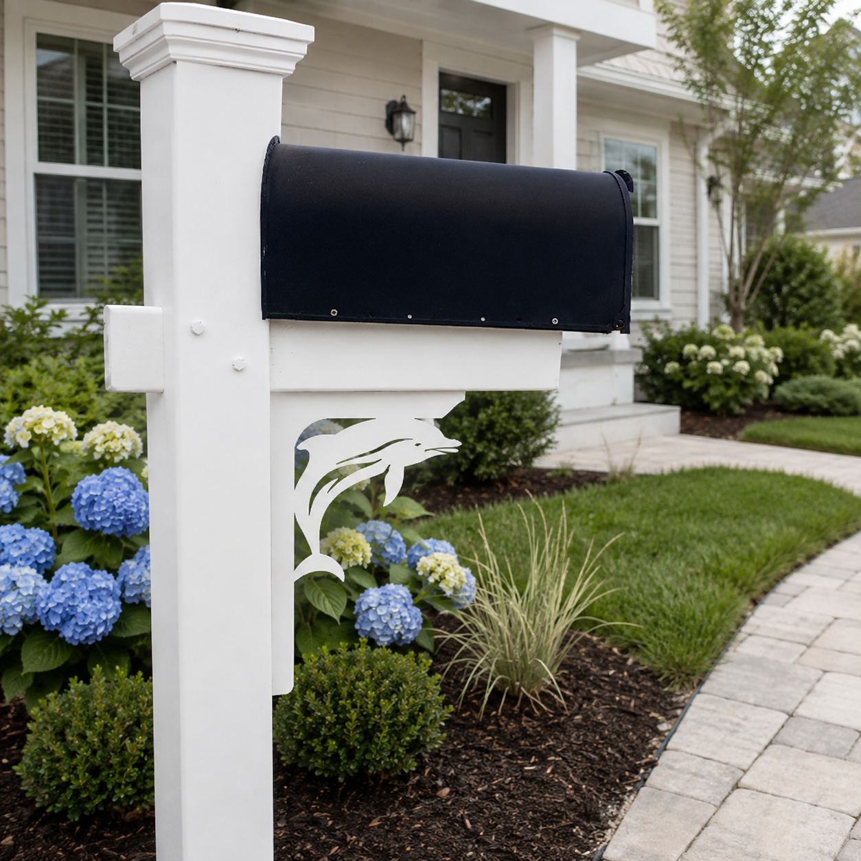 A white vinyl mailbox post and cover with a black mailbox, set in a landscaped garden bed in front of a white house.