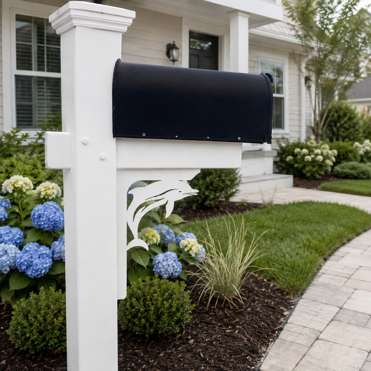 A white vinyl mailbox post and cover with a black mailbox, set in a landscaped garden bed in front of a white house.