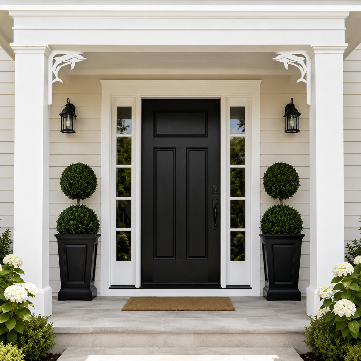 A black front door with white trim, flanked by tall black planter boxes with green topiary trees, set against a beige exterior wall under a white porch.
