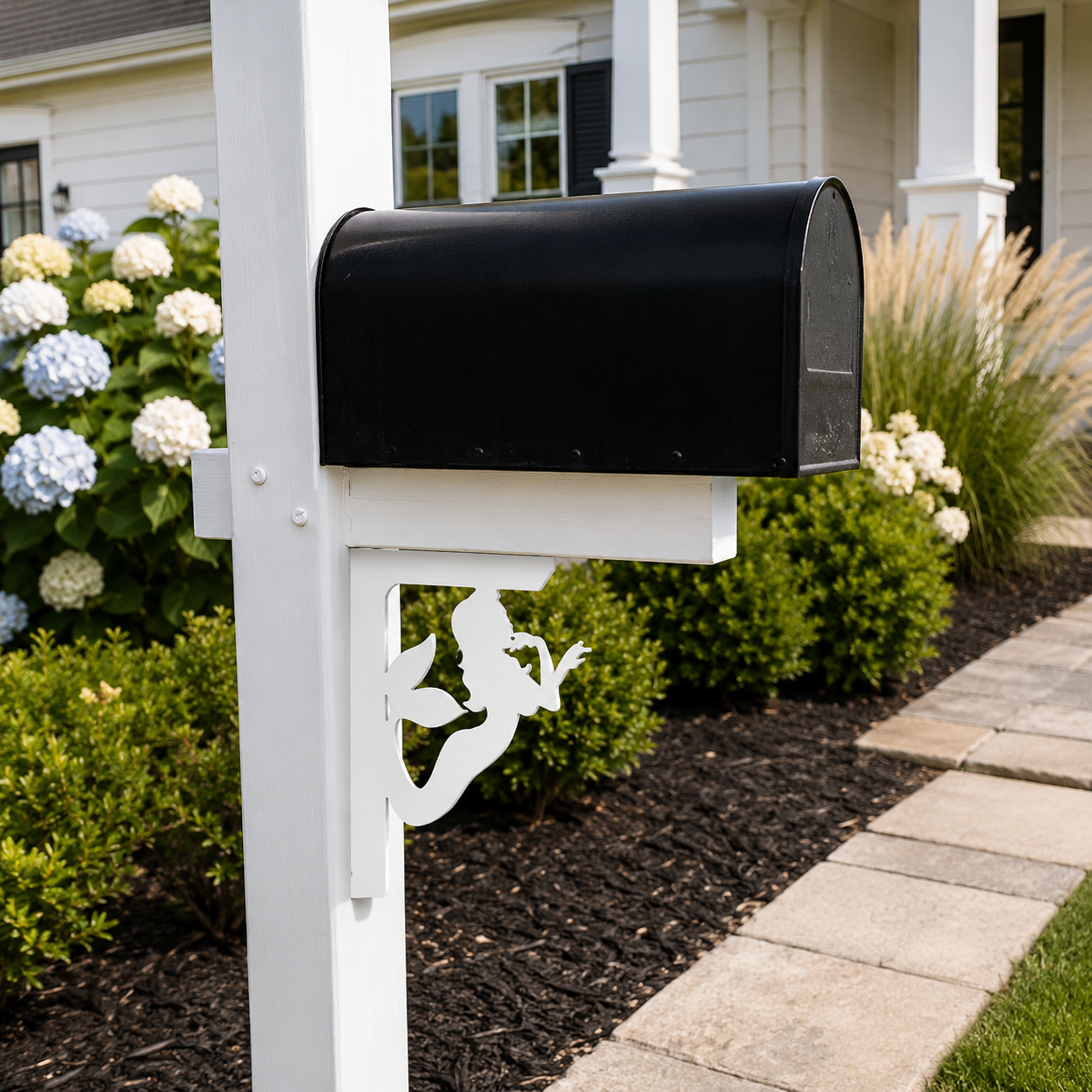 A black mailbox mounted on a white post in a landscaped garden bed with shrubs, mulch, and a stone walkway, with part of a house visible in the background.