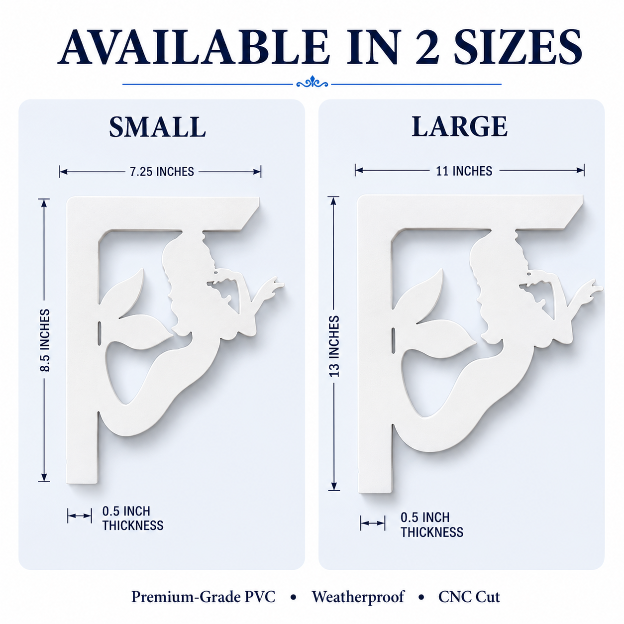 Size comparison graphic showing a white PVC mermaid letter F shelf in two sizes: Small (7.25 x 8.