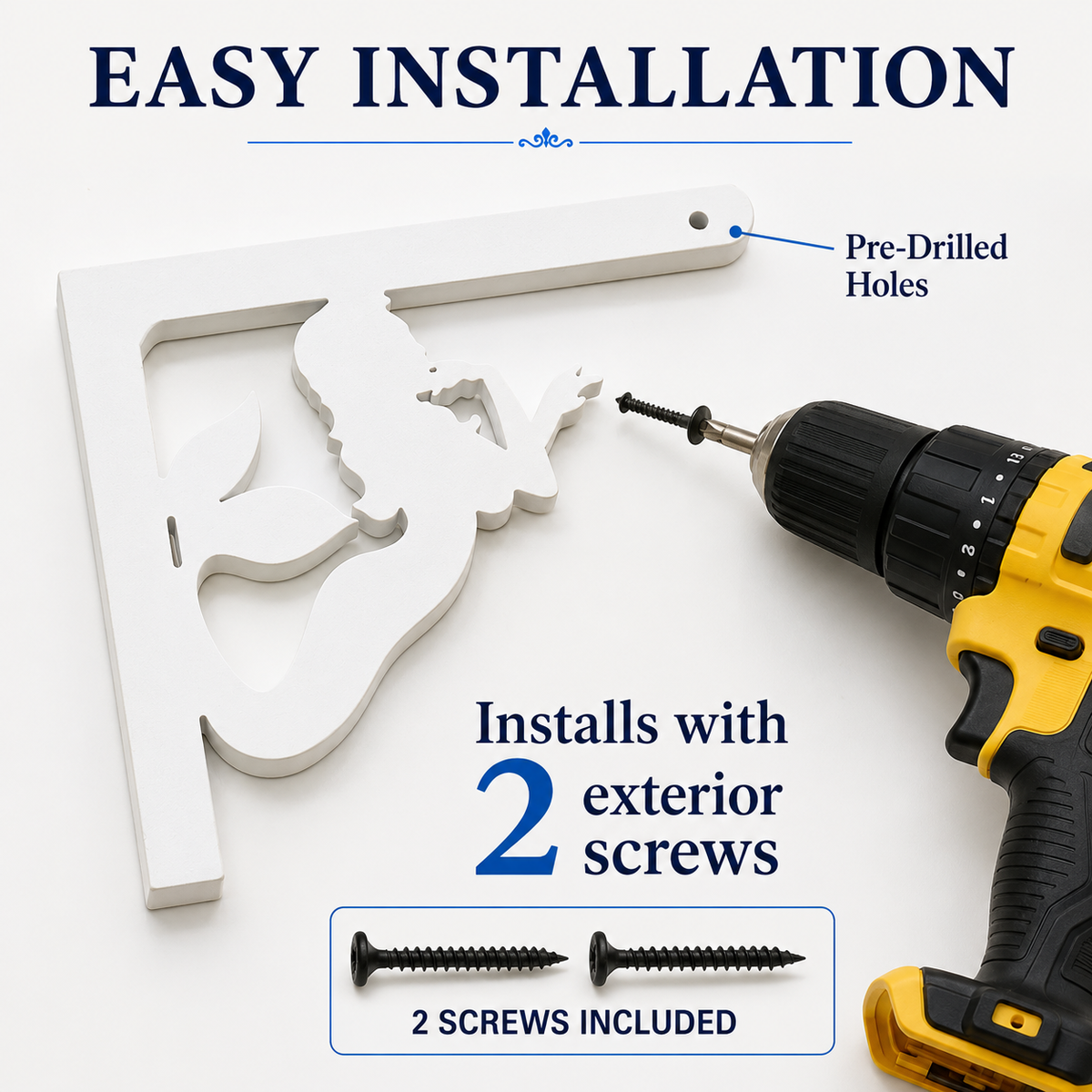 White wooden outdoor wall decor with a mermaid silhouette and pre-drilled holes, shown with a yellow cordless drill and text overlays explaining installation and included screws.