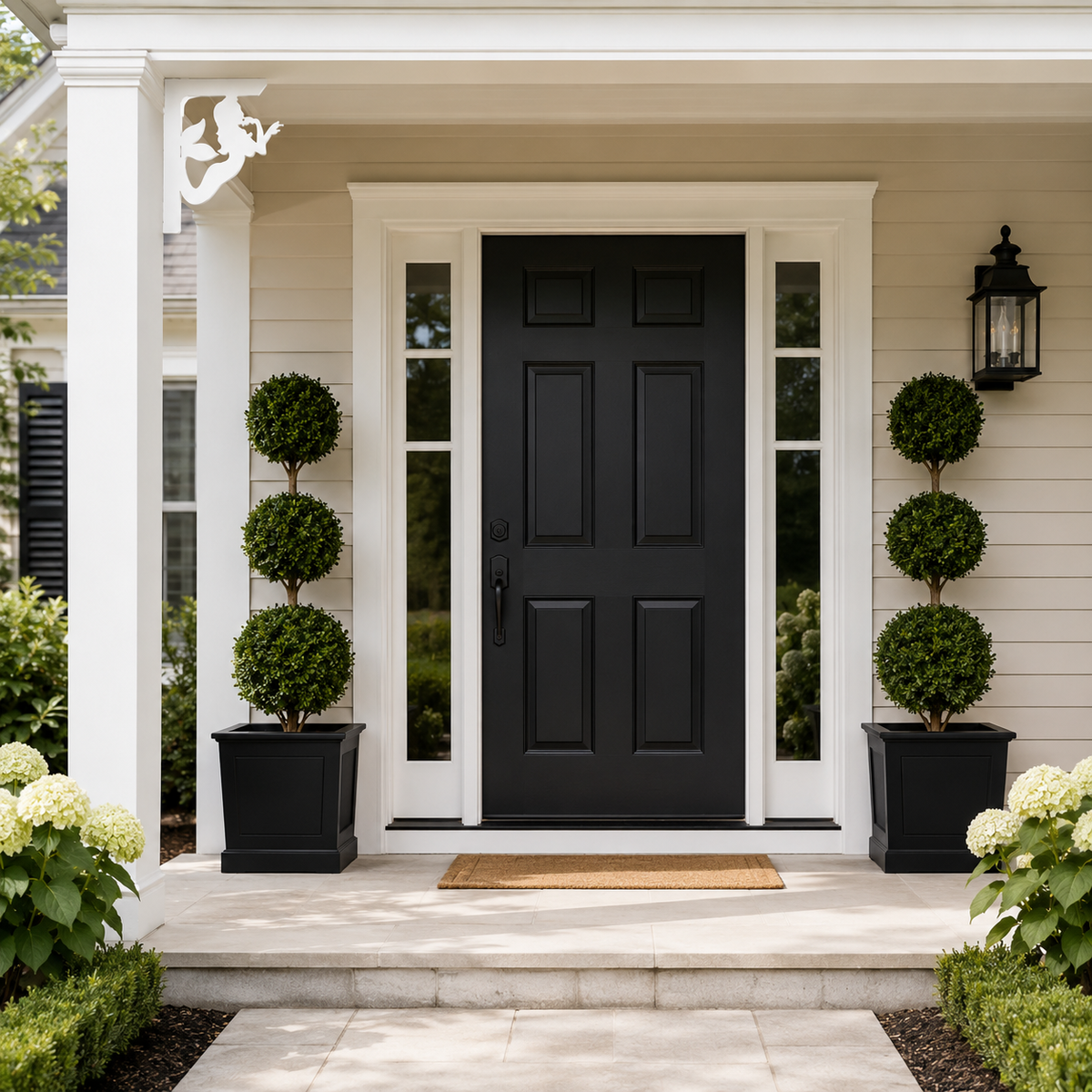 A black front door centered on a white porch with two black planter boxes containing tall boxwood topiary trees on either side. The house has beige siding, a black wall lantern, and a small tan doormat at the threshold.