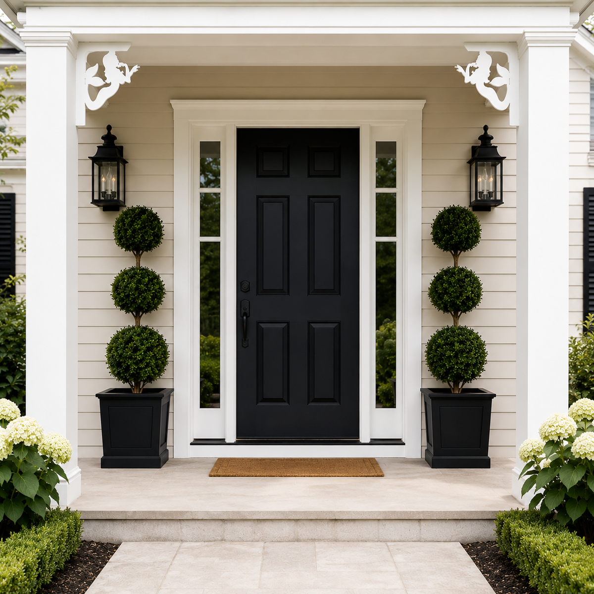 A front porch entryway with a black paneled door centered between white sidelight panels and white columns. Two black lantern wall sconces flank the door, and two black planters with rounded green topiary trees sit on either side of the steps.
