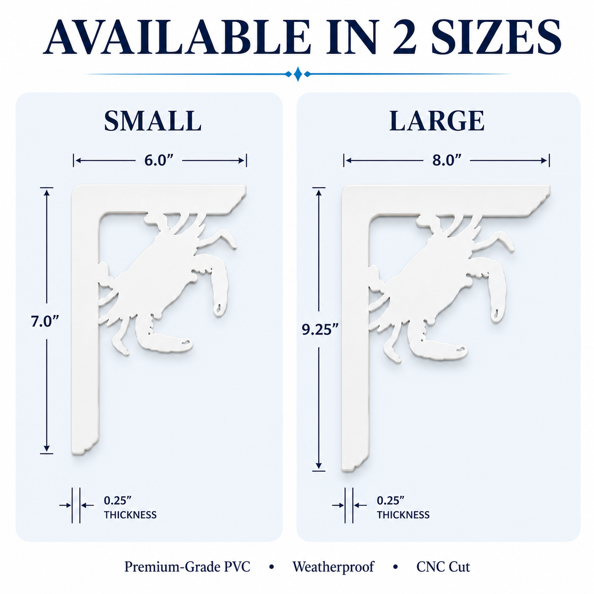 A size comparison graphic showing two white corner brackets labeled SMALL and LARGE with dimensions: 6.0 inches by 7.