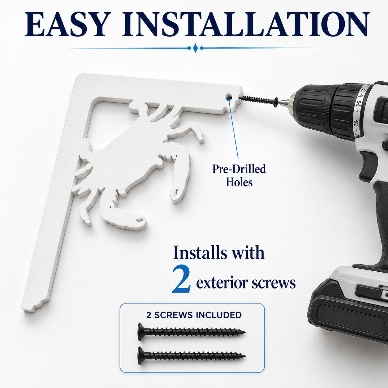 White L-shaped wall hook with a crab silhouette cutout, shown with a drill and text explaining pre-drilled holes and included screws.