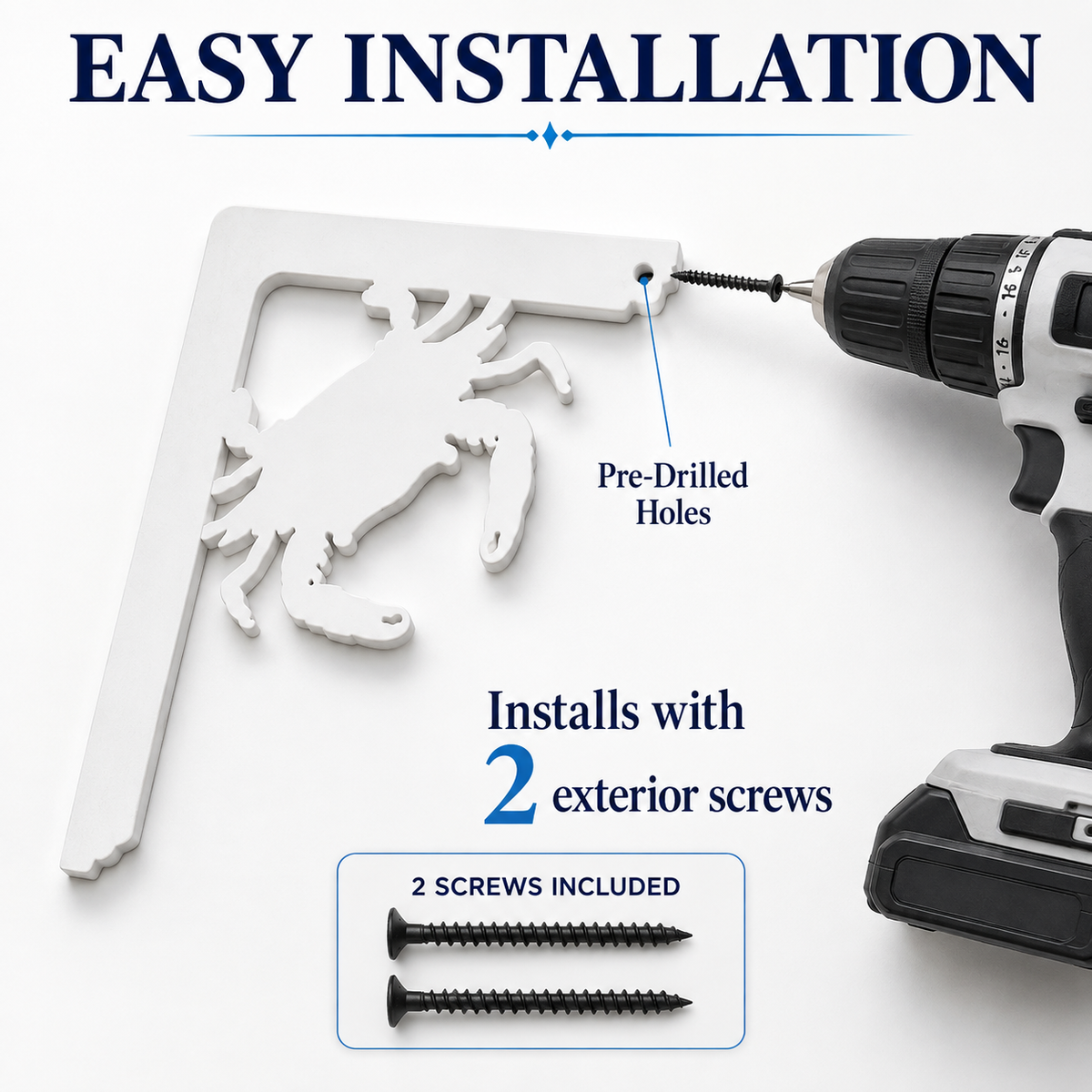 White L-shaped wall hook with a crab silhouette cutout, shown with a drill and text explaining pre-drilled holes and included screws.