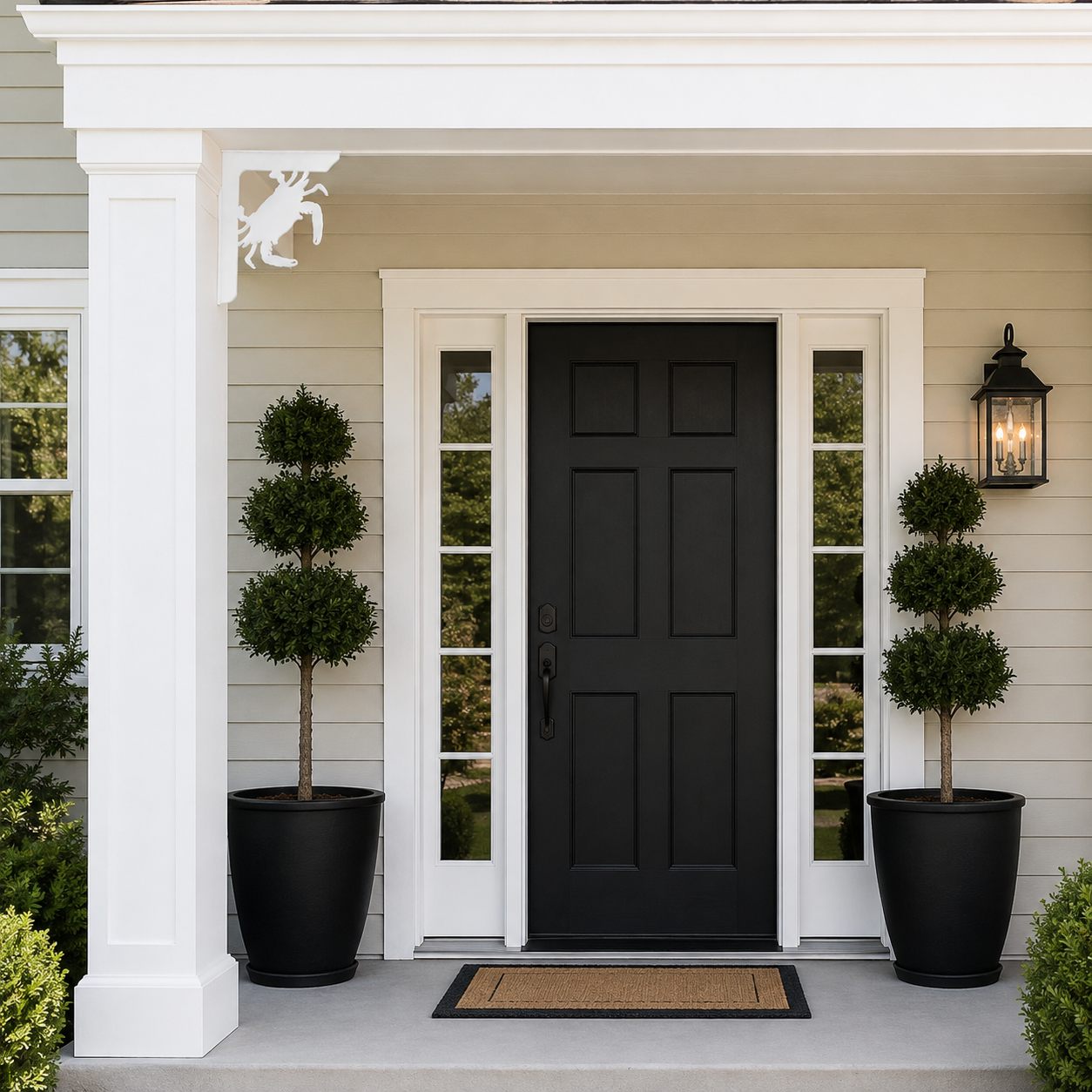 A black six-panel front door centered on a porch with white trim, flanked by two tall black planters with trimmed topiary trees. The house has light beige siding, and a black wall lantern and tan doormat are visible.