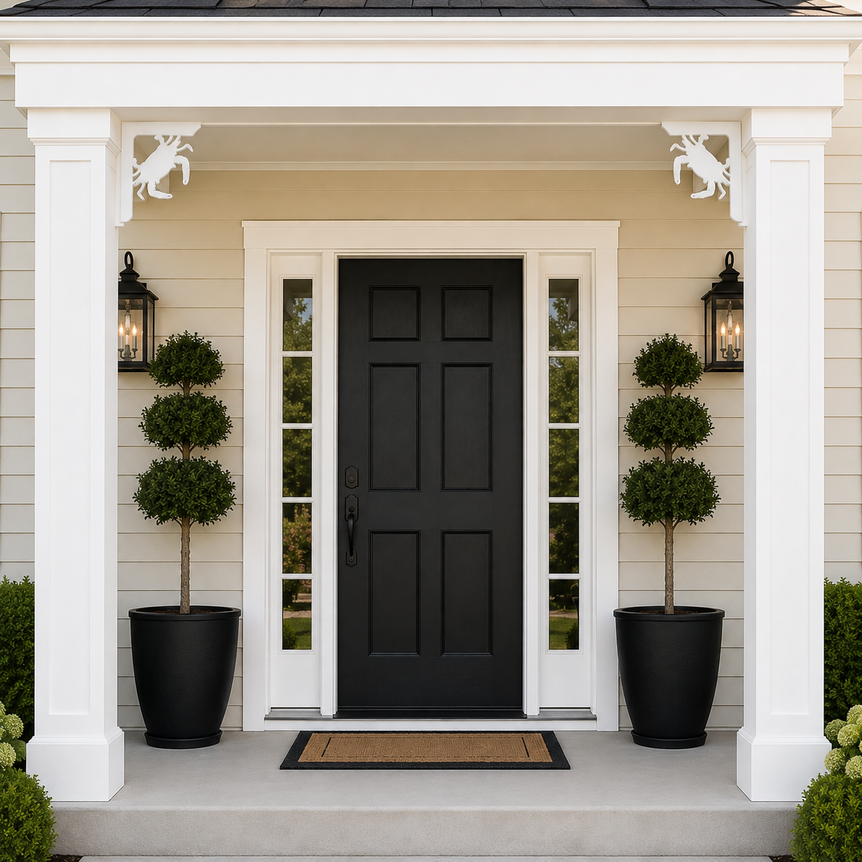 A black front door centered on a white porch with two black planter boxes containing tall, neatly trimmed topiary trees, black wall lanterns, and beige house siding in the background.