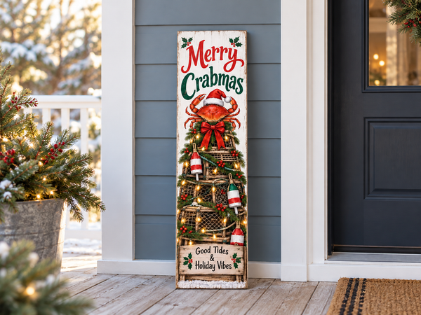 Merry Crabmas Christmas Porch Board Leaner, Coastal Decor