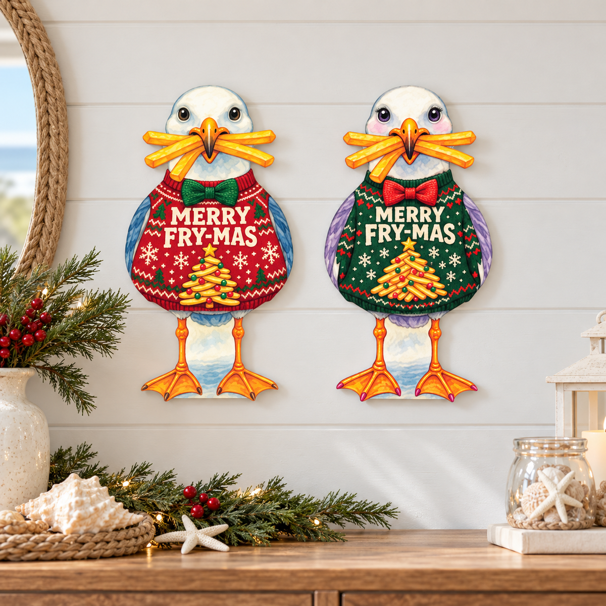 Christmas Coastal Yard Signs Decor, Set of 2, Winter Beach Holiday, 12 Inch PVC