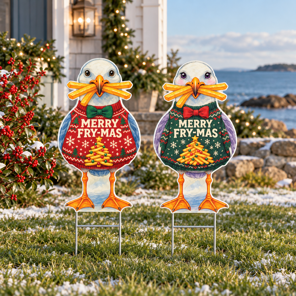 Christmas Coastal Yard Signs Decor, Set of 2, Winter Beach Holiday, 12 Inch PVC