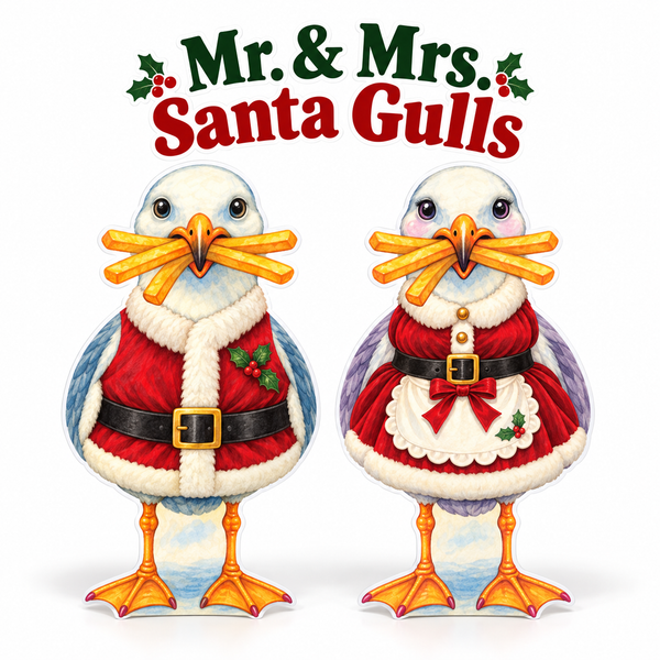 Santa and Mrs Clause, Beach House Yard Decor, Sally & Sully pair, Coastal 12 Inch Premium PVC