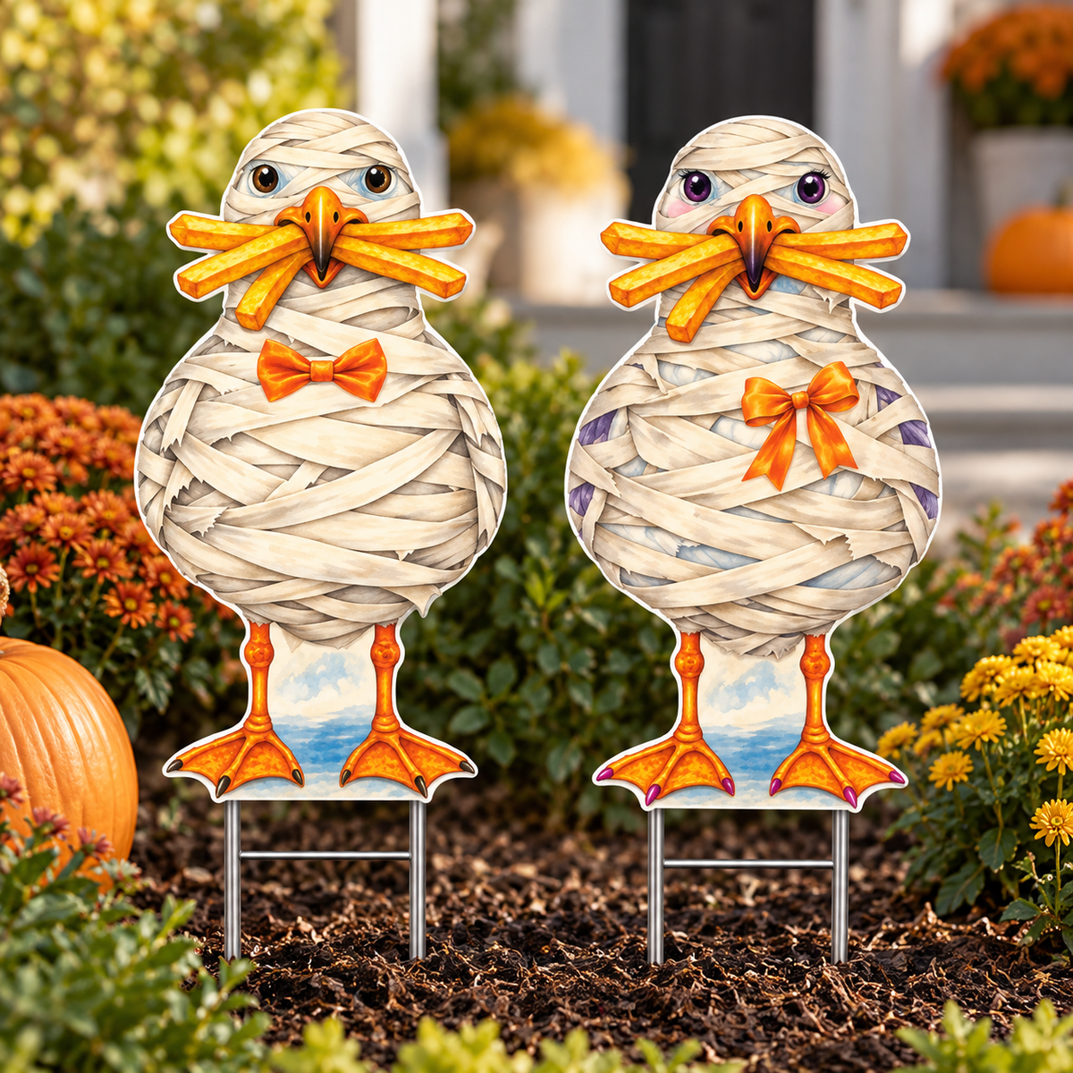 Halloween Coastal Decor Mummy Signs, Set of 2, Coastal Garden Decor, 12 Inch PVC Sully and Sally