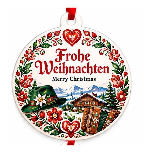 Austria cultural Christmas ornament with Frohe Weihnachten and Merry Christmas on white background