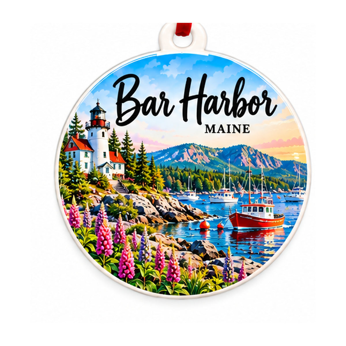Bar Harbor Maine PVC ornament with red ribbon on white background