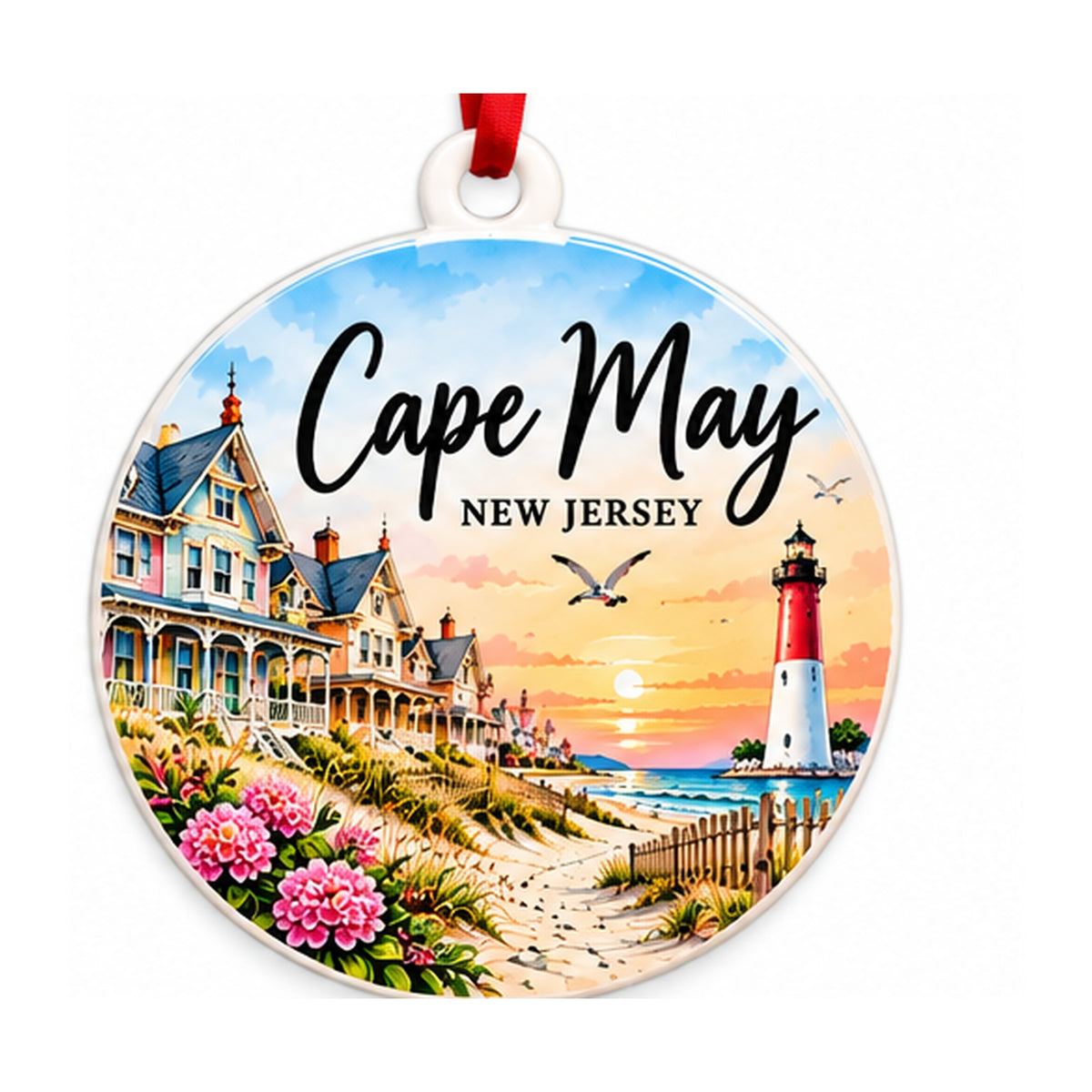 Cape May New Jersey round PVC ornament with top loop on white background