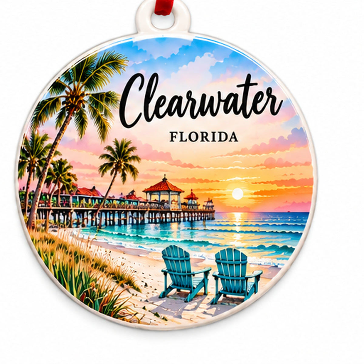 Clearwater Florida round PVC Christmas ornament front with integrated hanging loop and red ribbon on white background