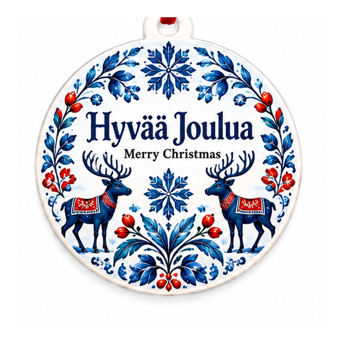 Finland cultural Christmas ornament with Hyvää joulua and Merry Christmas on white background