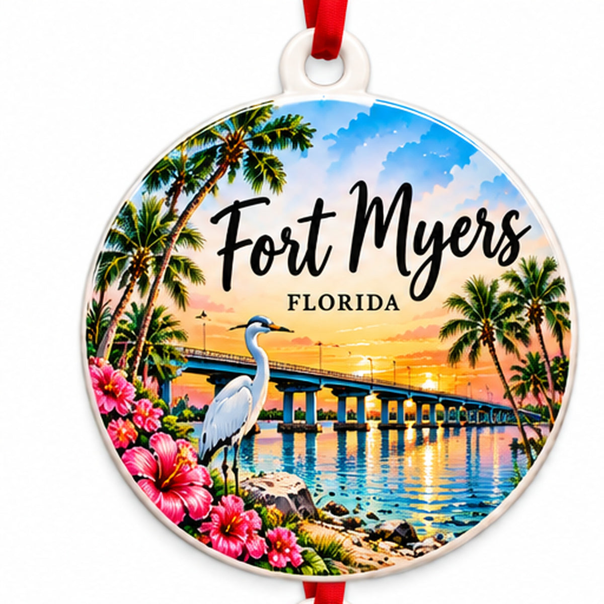 Fort Myers Florida round PVC Christmas ornament front with integrated hanging loop and red ribbon on white background
