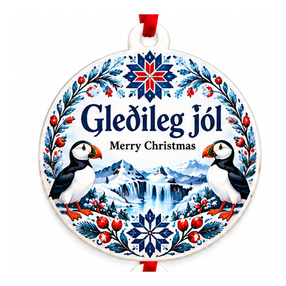 Iceland cultural Christmas ornament with Gleðileg jól and Merry Christmas on white background