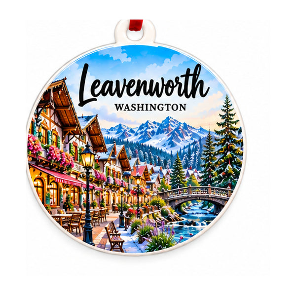 Leavenworth Washington PVC ornament with red ribbon on white background